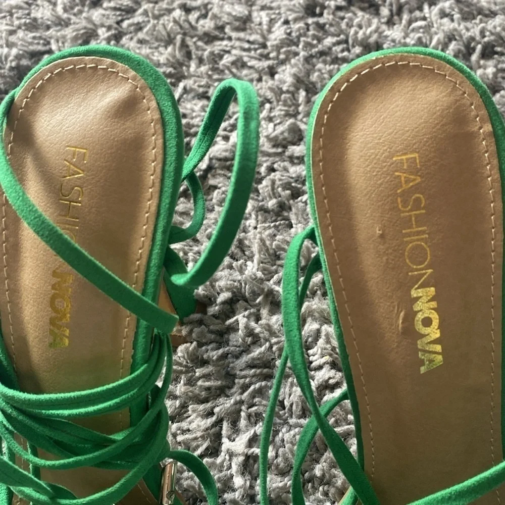 NWOT Fashion Nova Green Faux Suede Pay No Mind Heels Ankle Tie Heels Size 8.5